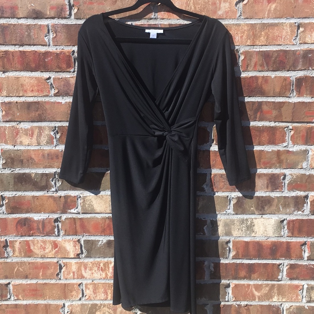 party dress • 3/4 sleeve • rouche detail • black